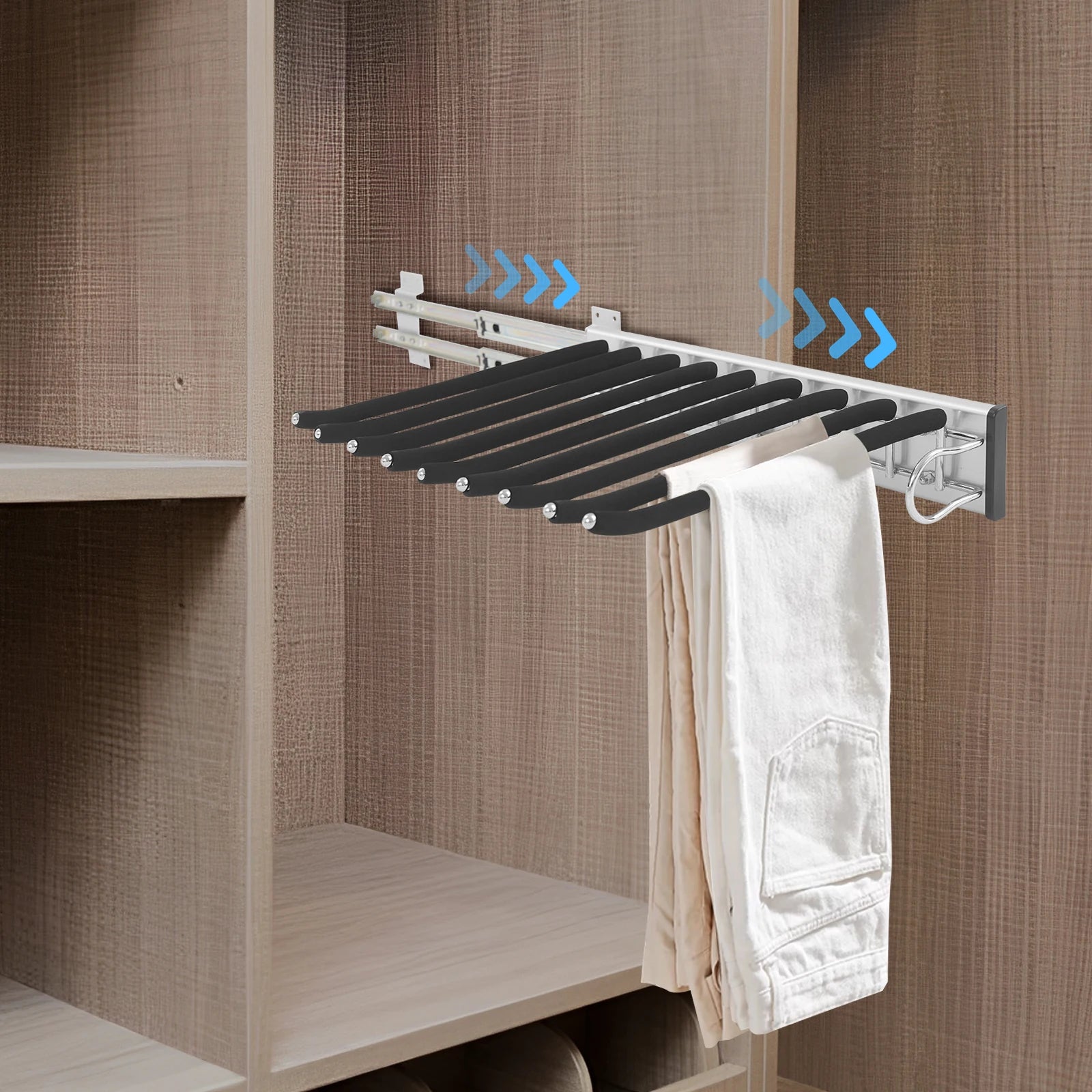 Bymaocar 46*32.5cm Pull Out Trousers Rack, Sliding Pants Rack, 9-rod Side Mounted Trouser Hanger