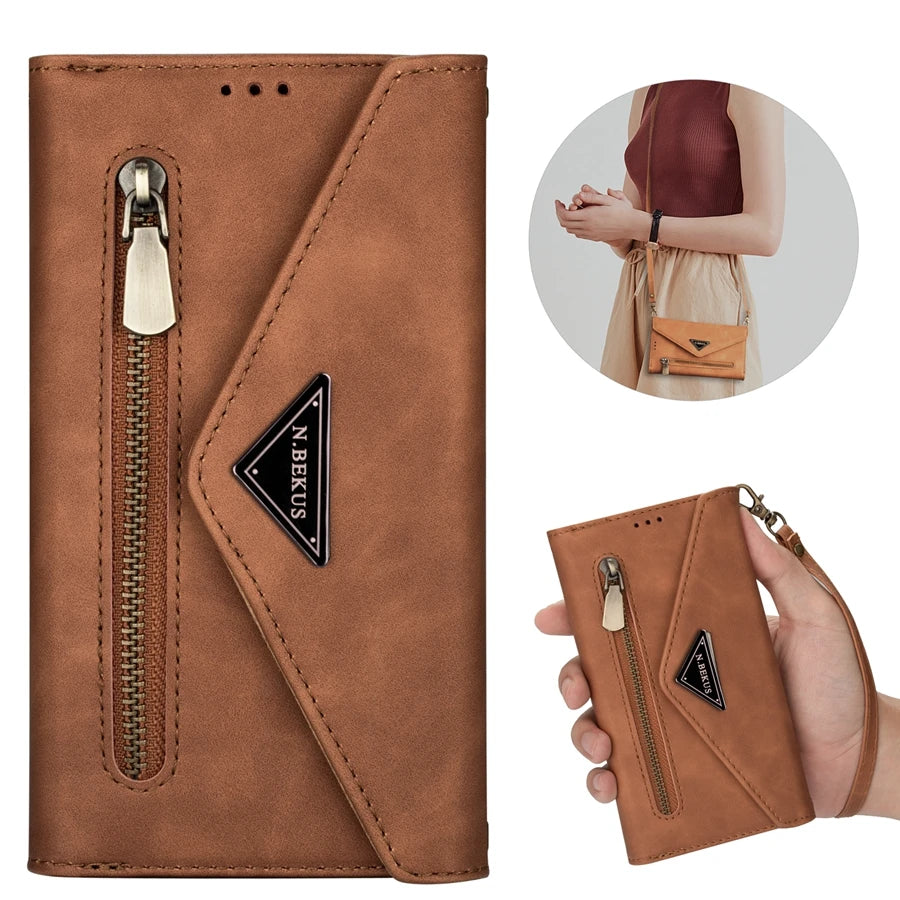 Zipper Wallet Leather Case for iPhone 14 13 15 Pro Max 12 Mini 11 X XR XS 8 7 6 6S Plus Se2022 Multi Card Solt Cover Hand Strap