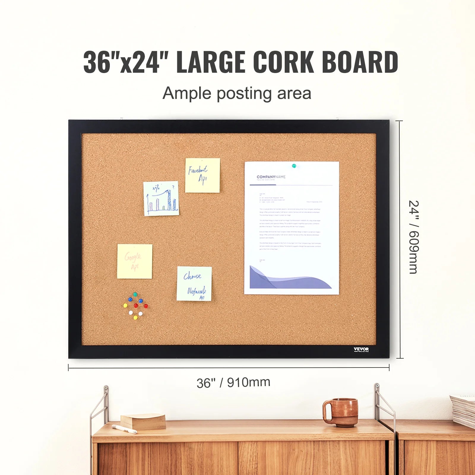 VEVOR Cork Board 36x24/24x18 in Bulletin Board W/ MDF Sticker Frame Vision Board Includes 10 Pushpins for Display and Decoration