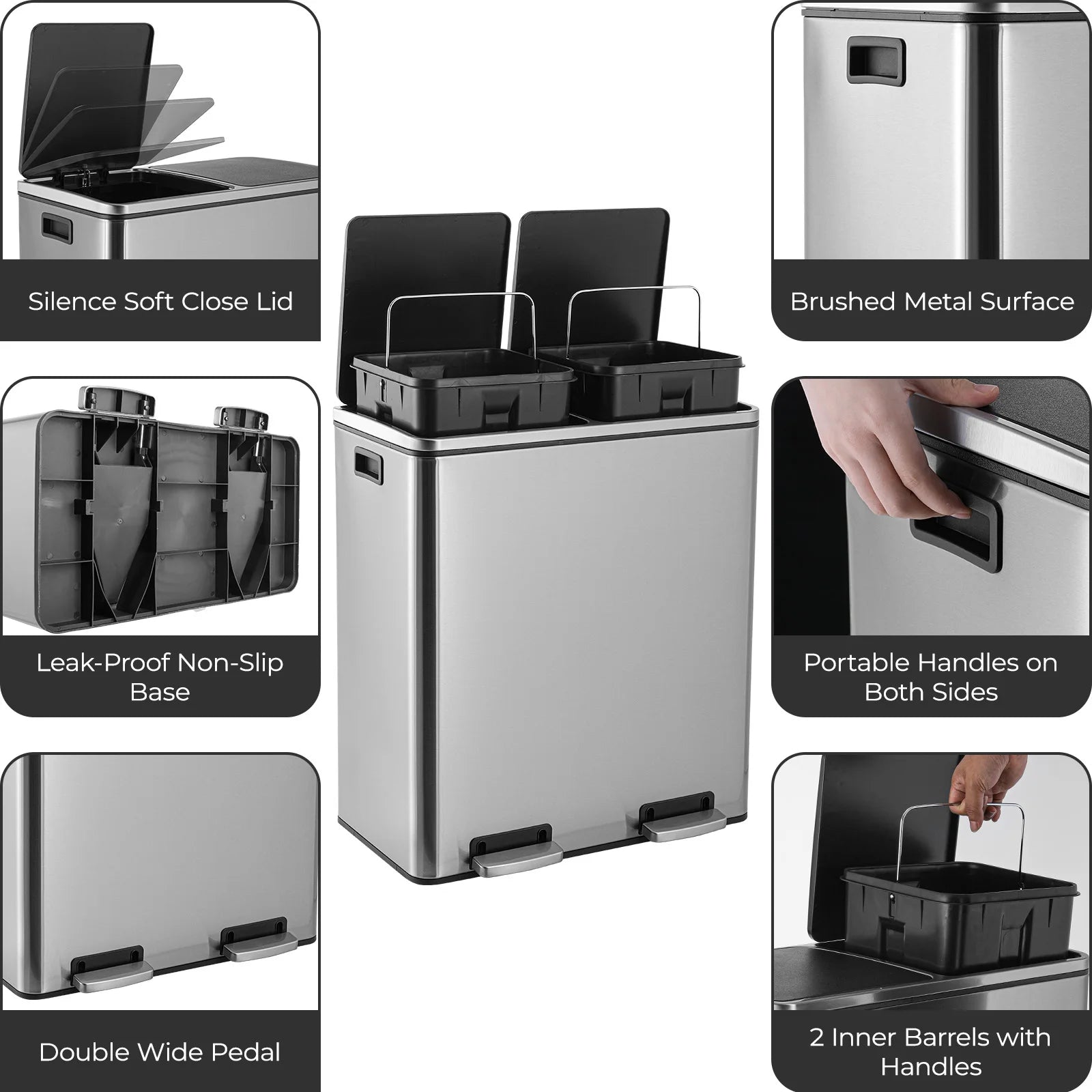 AOOU 16 Gallon Stainless Steel Trash Can, 60L Dual Compartment, Metal Kitchen Step Recycle Bin, Metal Double Dustbin, in-Home