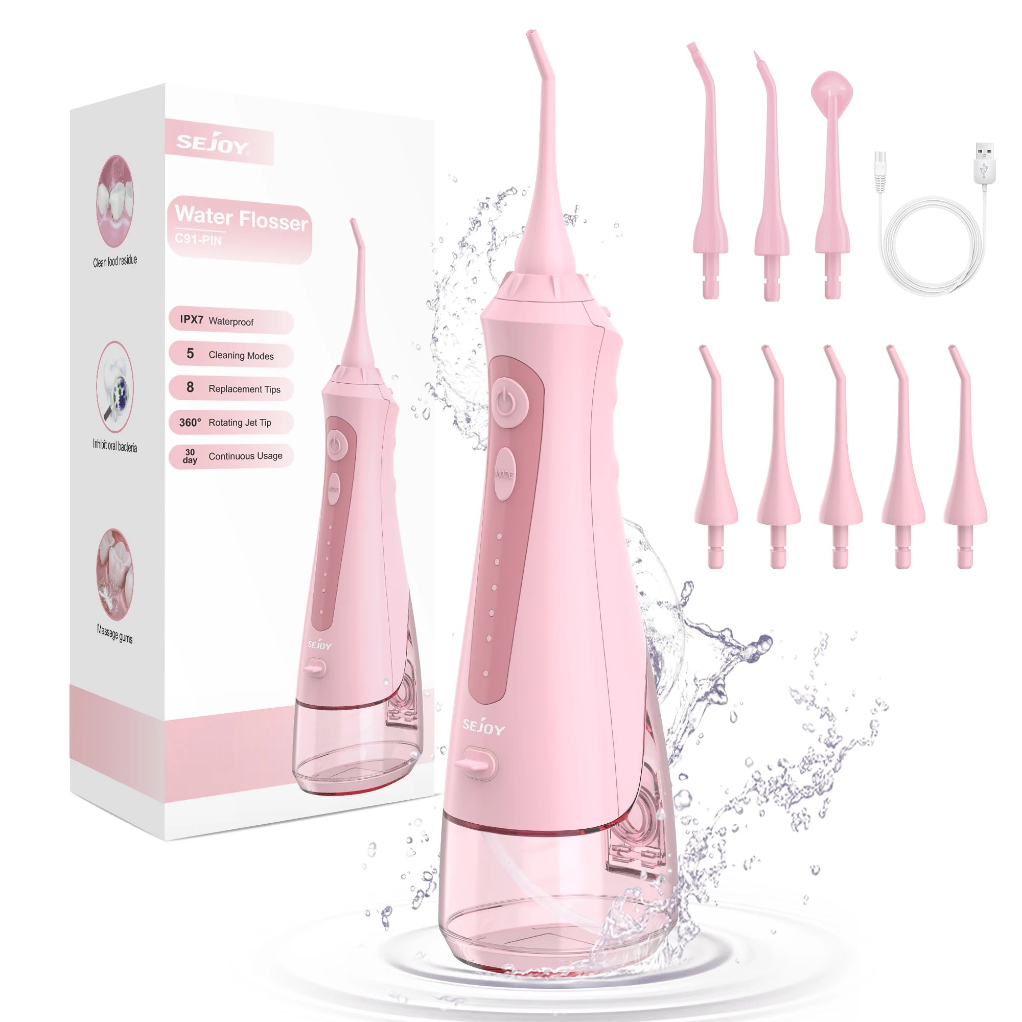 SEJOY Portable Electric Water Flosser Irrigator Dental Teeth Whitening strips 230ML Tank 5 Modes 5 Jet Tips For Home Travel