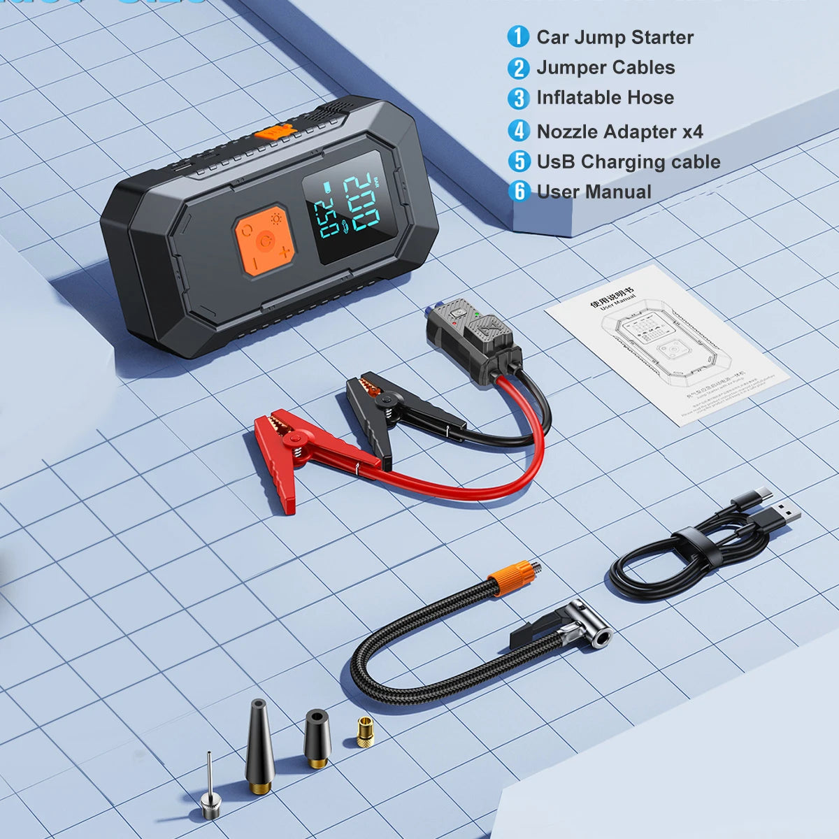 Car Emergency Jump Starter Air Pump 6000A/7000A Peak Tire Inflator Car Emergency Jump Starter With LED Light Power Bank