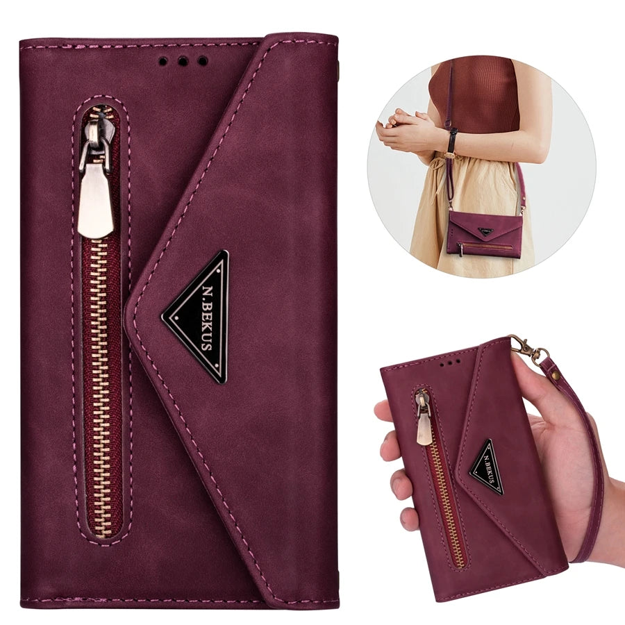 Zipper Wallet Leather Case for iPhone 14 13 15 Pro Max 12 Mini 11 X XR XS 8 7 6 6S Plus Se2022 Multi Card Solt Cover Hand Strap