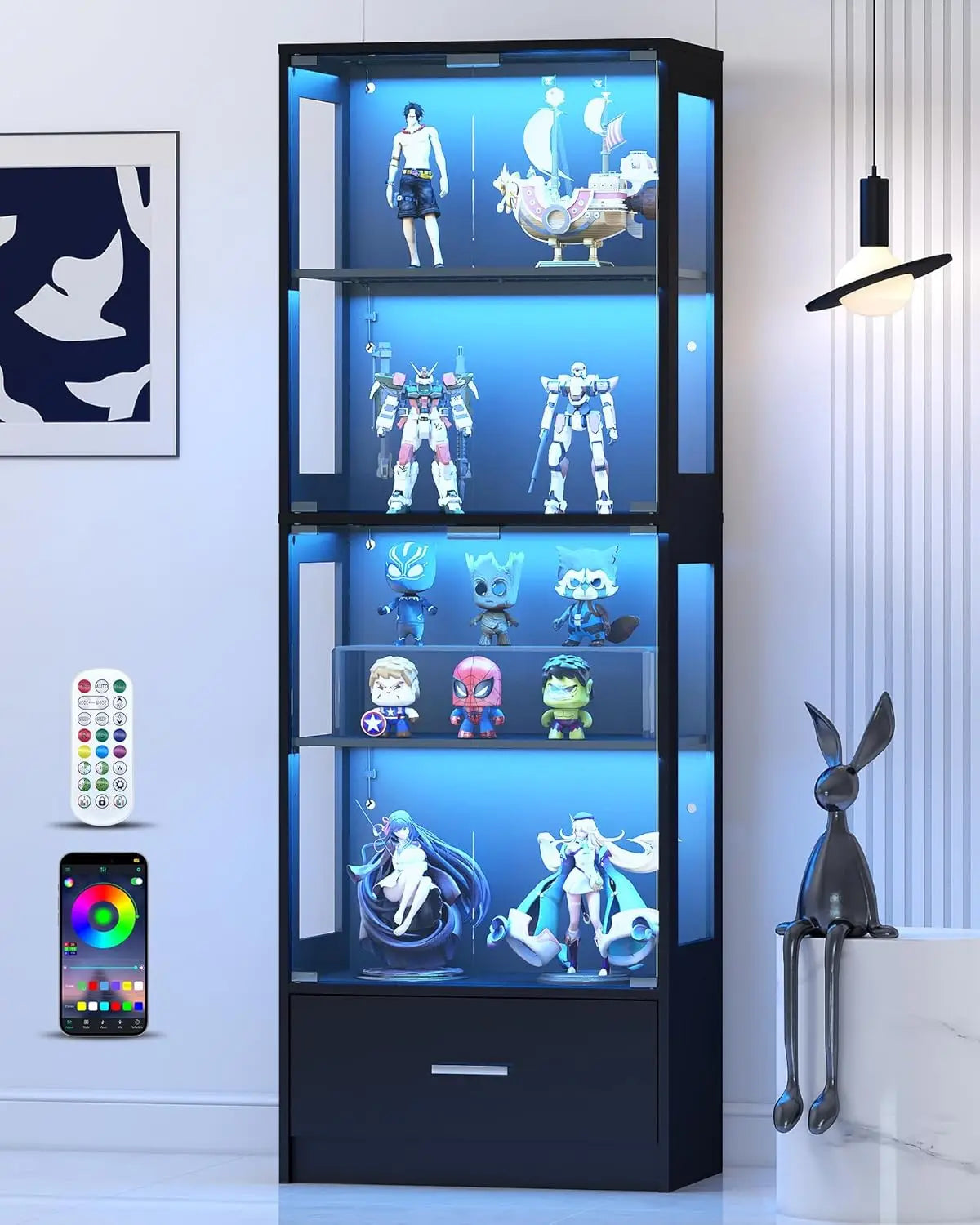 Display Cabinet with Glass Doors - 67" Curio Cabinet with RGB LED Lights and Drawer for Collectibles, 4 Tier Glass, Customized
