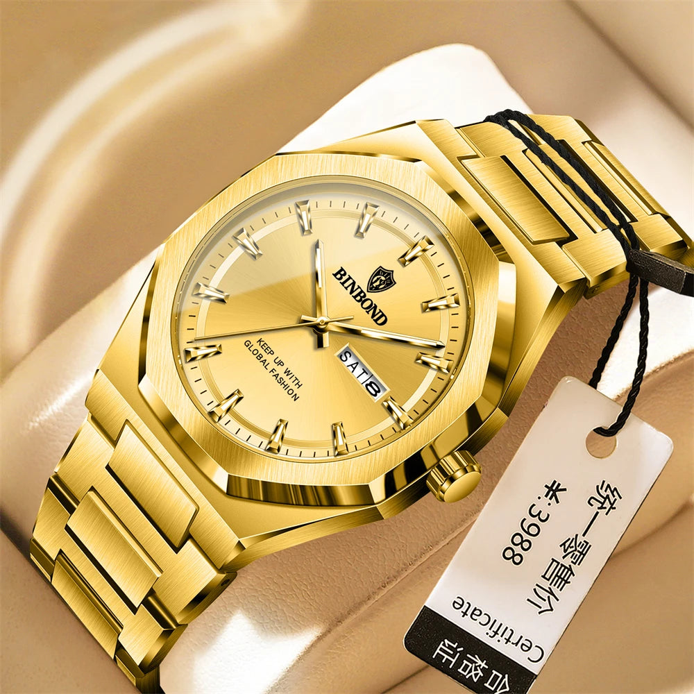 BINBOND Luxury Quartz Man Wristwatch Sport Men Watches Waterproof Luminous Date Week Stainless Steel Men&