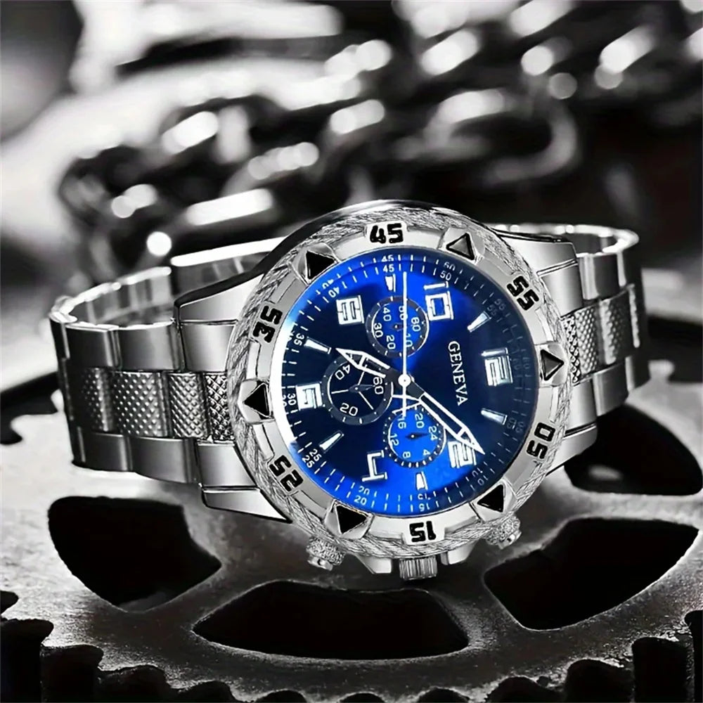 2pcs/set Men Business Watches Fashion Arabic Dial Steel Band Male&