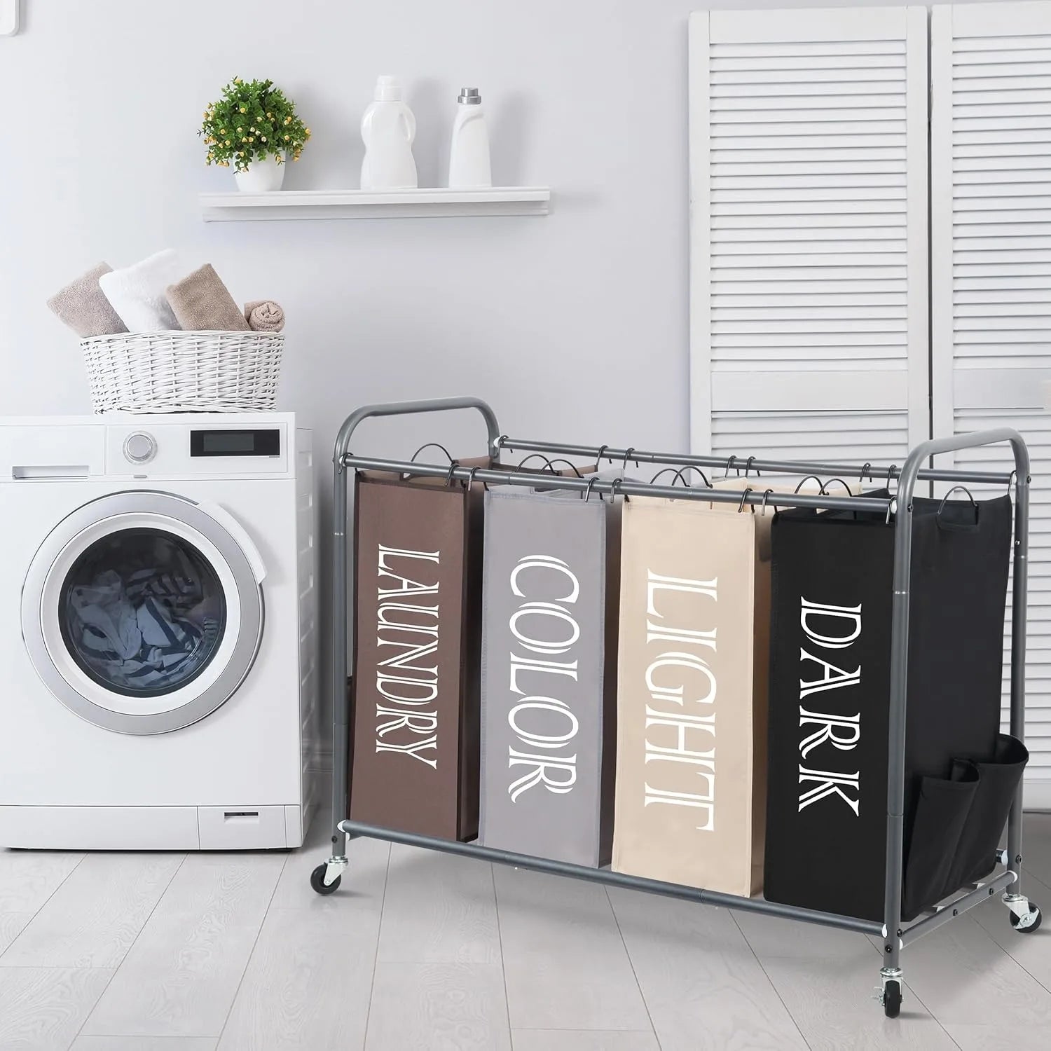 Laundry Sorter, Laundry Divider with Side Pockets,Multi Laundry Separator Hamper with Removable Bags and Rolling Lockable Wheels