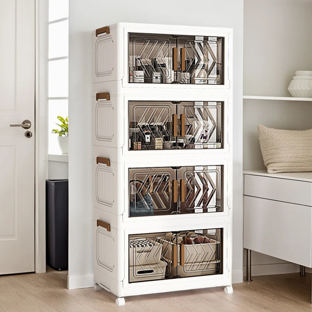 4 Tier Collapsible Storage Bins with Doors & Wheels Storage Drawer Stackable Closet Organizers for Living Room Bedroom Office