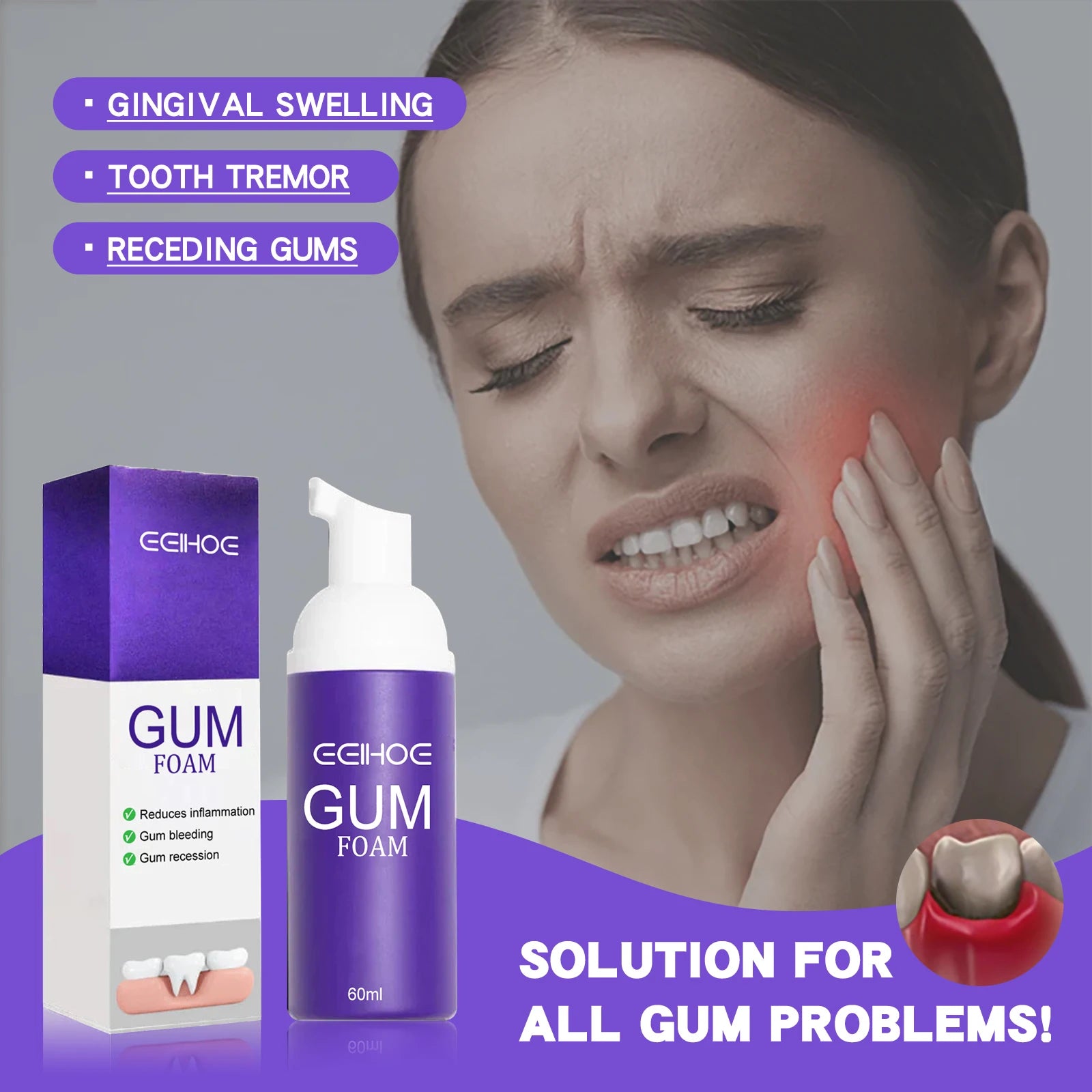 EELHOE Gum Care Toothpaste Mousse Relief Discomfort Soothing Gum Cleaning Teeth Stains Mild Formula Purple Dental Care Cleaner