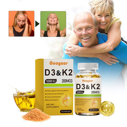 Googeer 120pcs Vitamin D3 K2 Gel Capsules Dietary Supplement For Immunity Relieve Fatigue Enhance Body Energy Vitamin Capsules