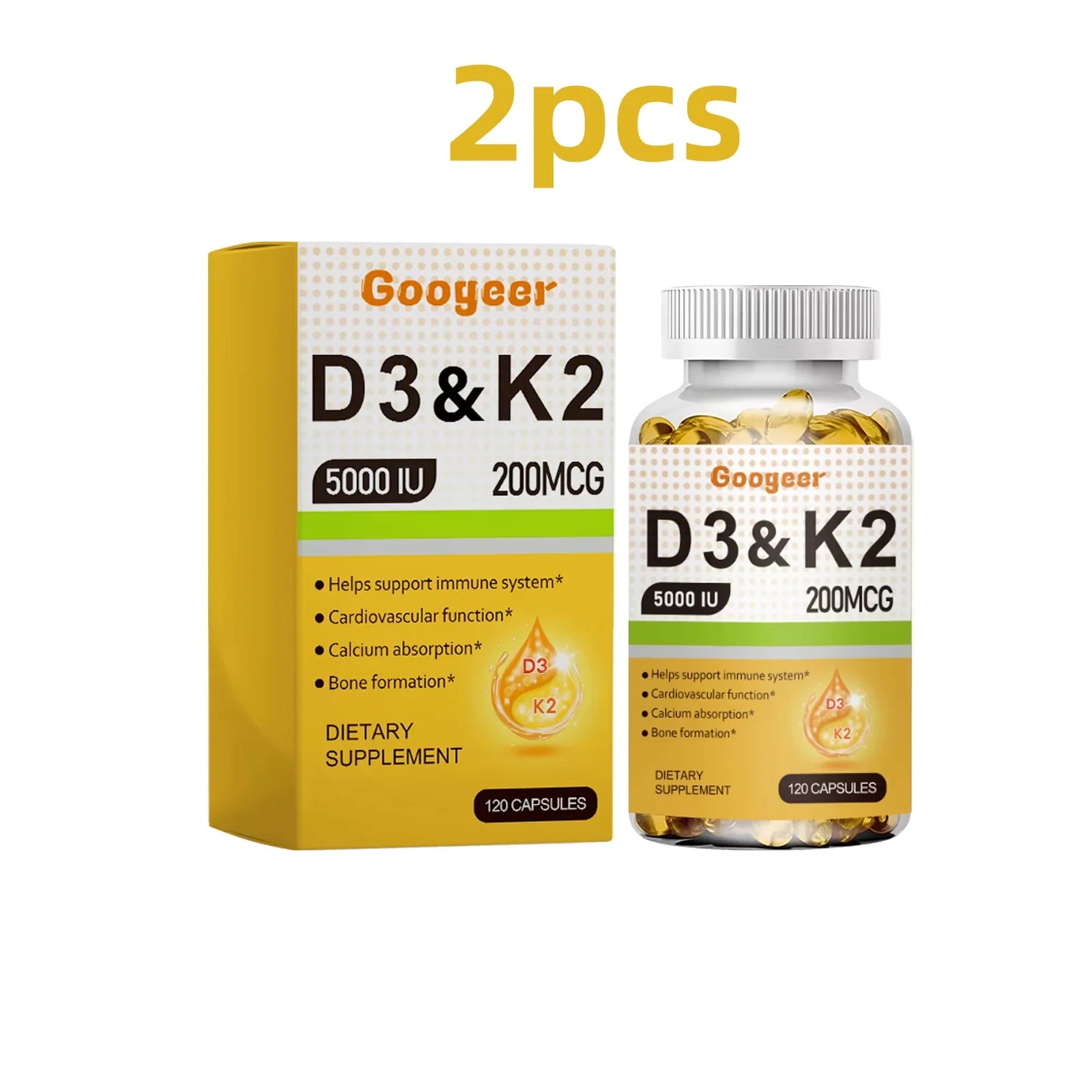 Googeer 120pcs Vitamin D3 K2 Gel Capsules Dietary Supplement For Immunity Relieve Fatigue Enhance Body Energy Vitamin Capsules