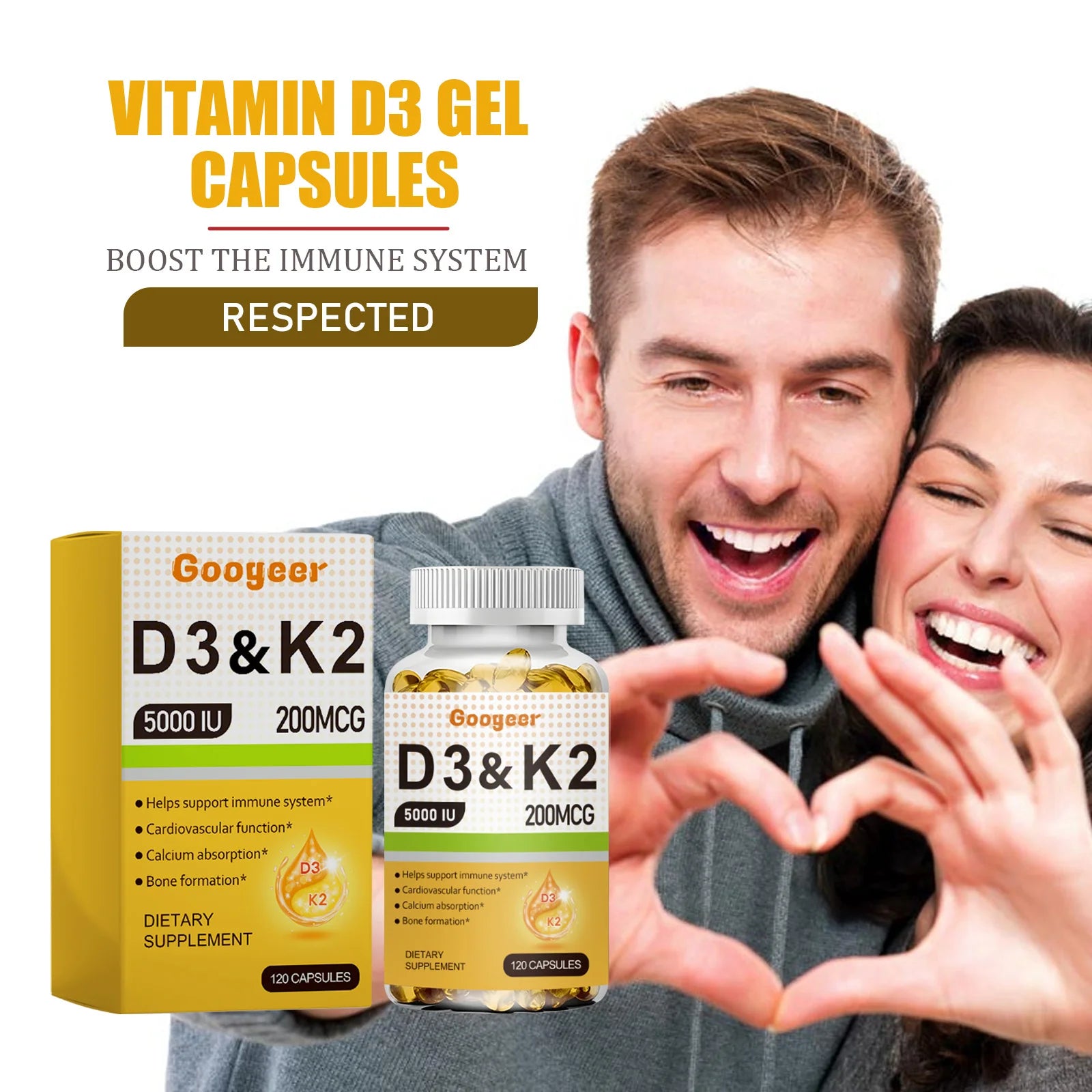 Googeer 120pcs Vitamin D3 K2 Gel Capsules Dietary Supplement For Immunity Relieve Fatigue Enhance Body Energy Vitamin Capsules