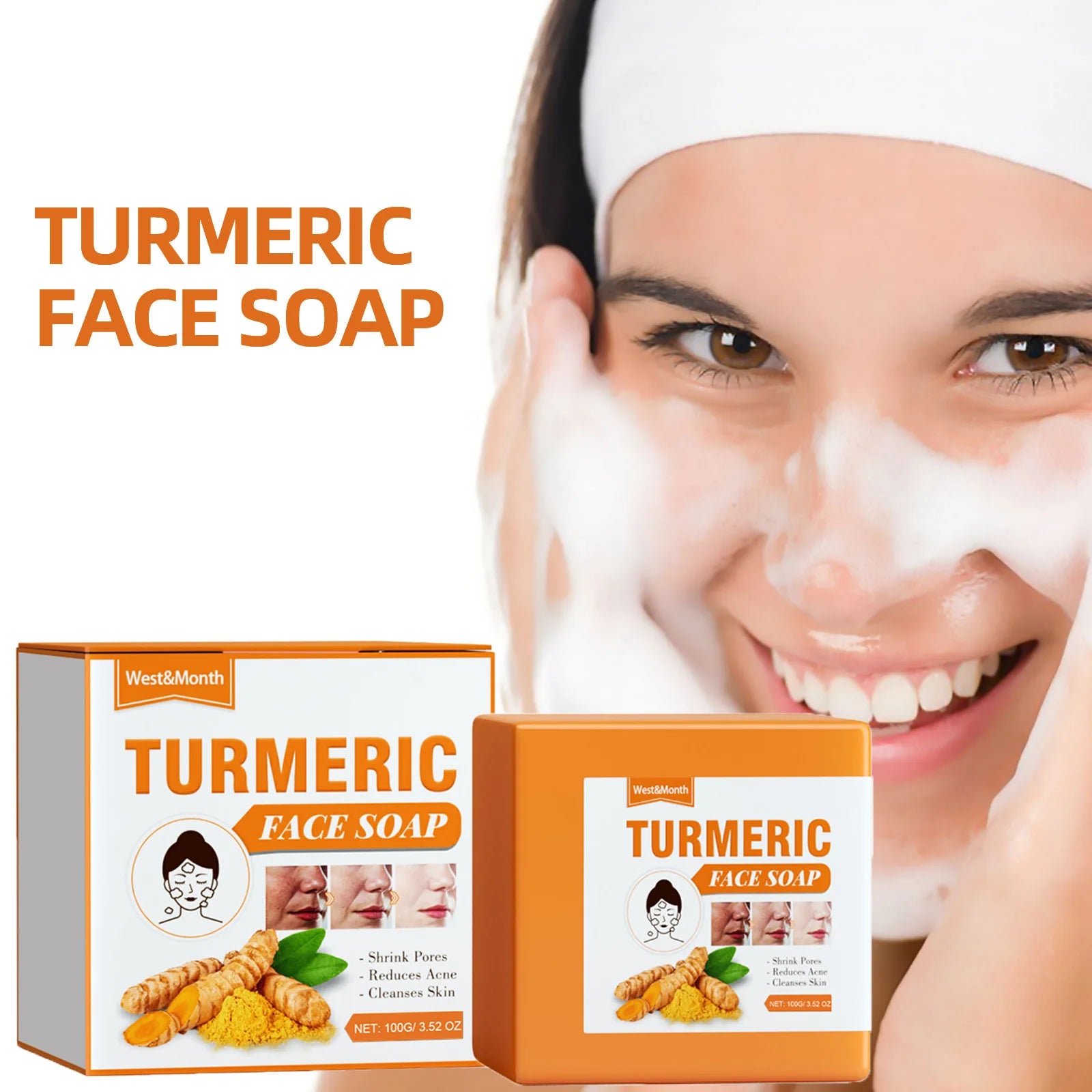 West&amp;Month 100g Turmeric Cleaning Face Soap Gentle Exfoliating Remove Melanin Glow Moisturize Oil Control Repair Face Wash Soap