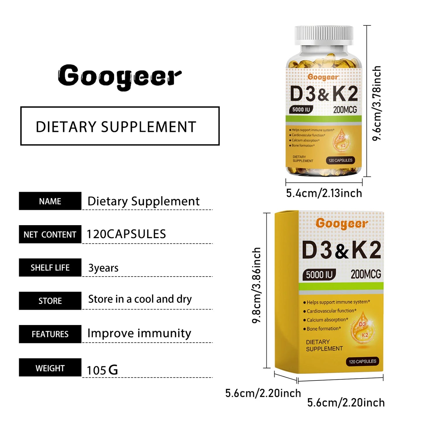 Googeer 120pcs Vitamin D3 K2 Gel Capsules Dietary Supplement For Immunity Relieve Fatigue Enhance Body Energy Vitamin Capsules