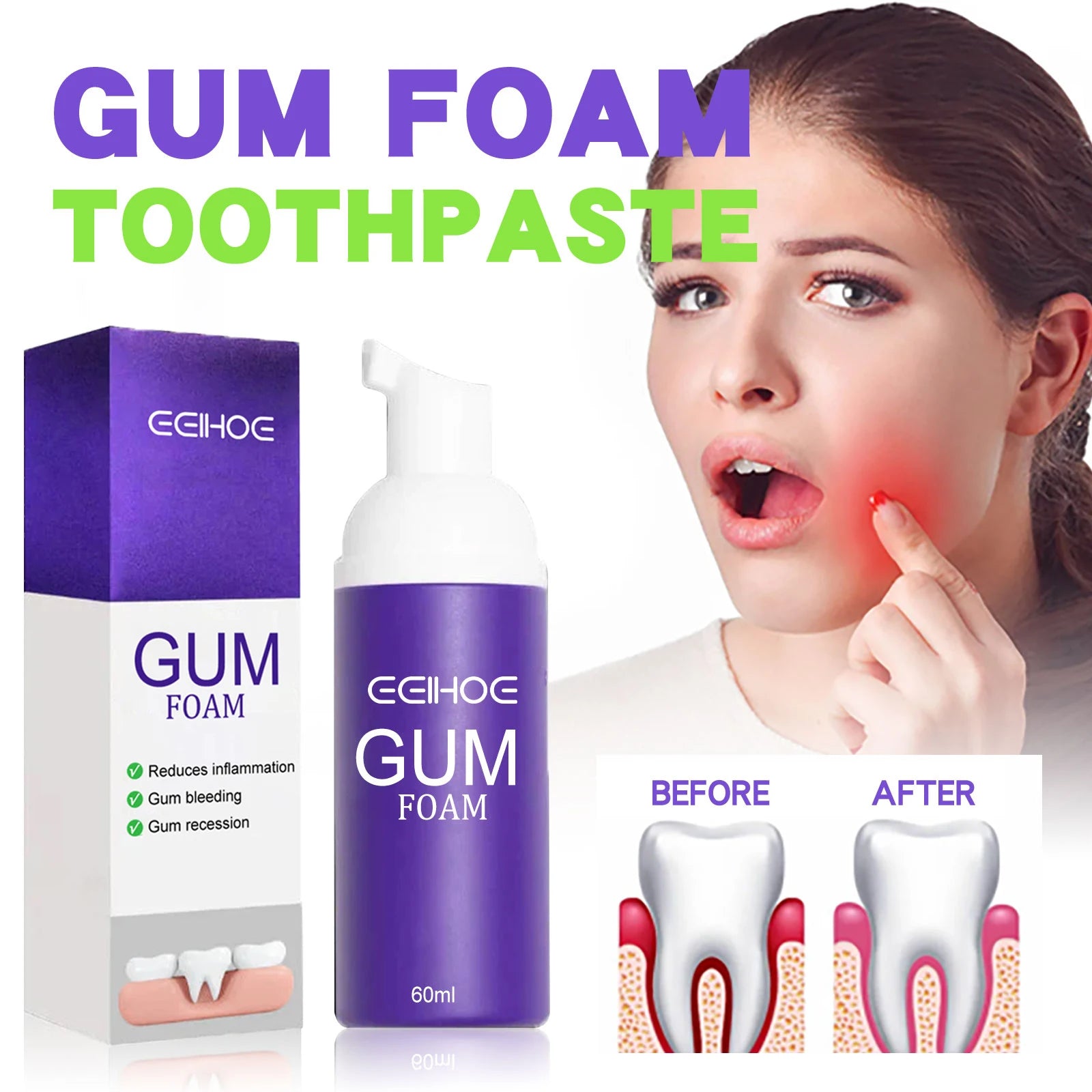 EELHOE Gum Care Toothpaste Mousse Relief Discomfort Soothing Gum Cleaning Teeth Stains Mild Formula Purple Dental Care Cleaner