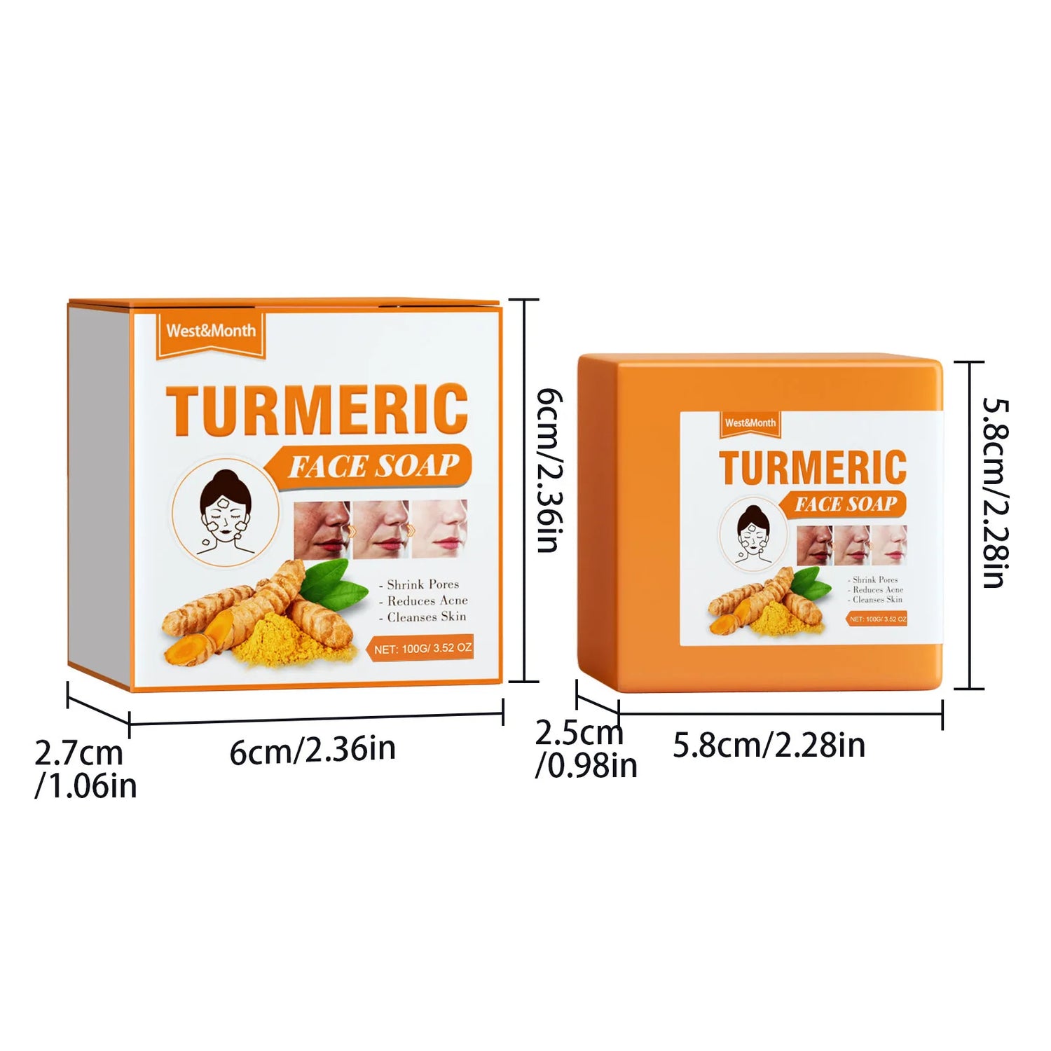 West&amp;Month 100g Turmeric Cleaning Face Soap Gentle Exfoliating Remove Melanin Glow Moisturize Oil Control Repair Face Wash Soap