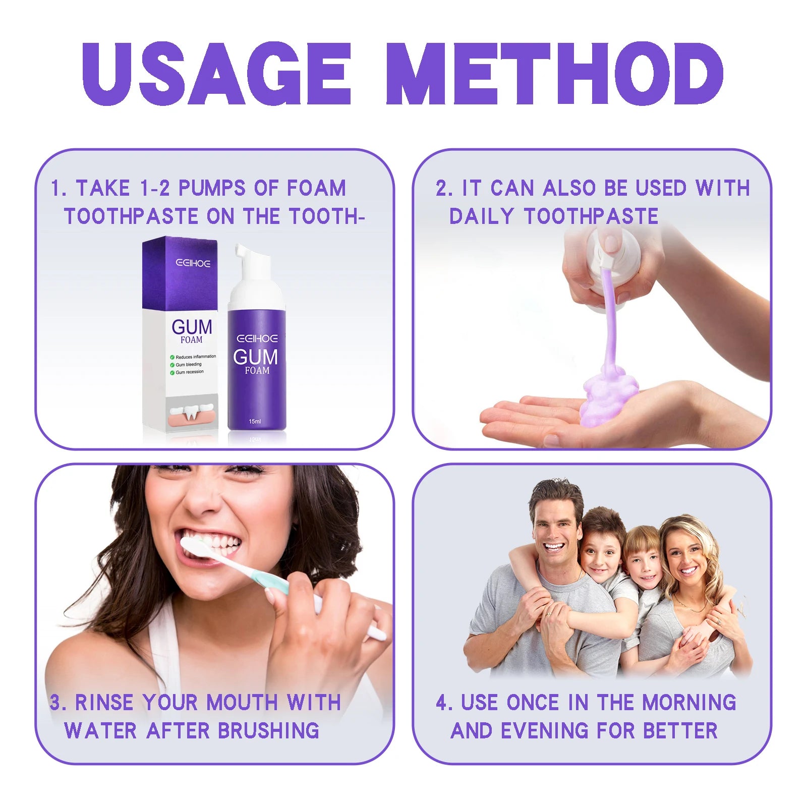 EELHOE Gum Care Toothpaste Mousse Relief Discomfort Soothing Gum Cleaning Teeth Stains Mild Formula Purple Dental Care Cleaner