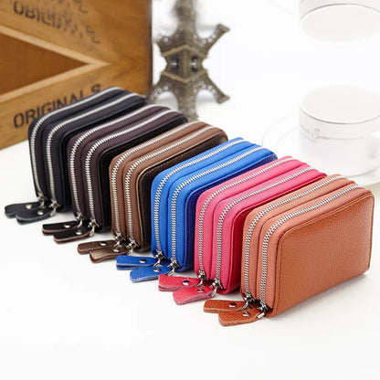 Genuine Leather Men &amp; Women Mini Short Wallet Cow Leather Coin Purse Solid Card Holder Accordion Card Slots Double Zipper Pocket