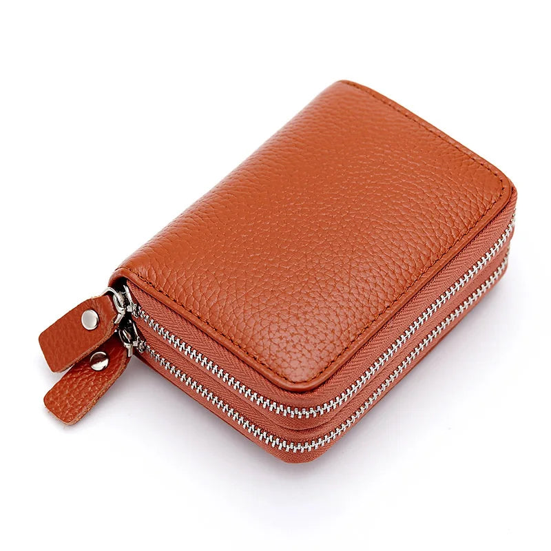 Genuine Leather Men &amp; Women Mini Short Wallet Cow Leather Coin Purse Solid Card Holder Accordion Card Slots Double Zipper Pocket