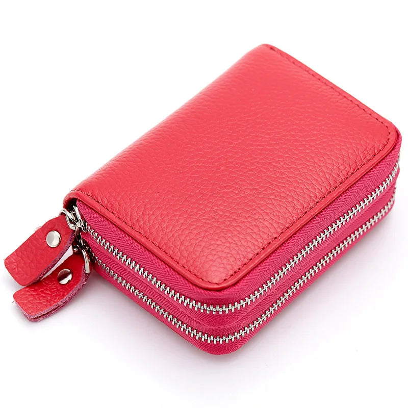 Genuine Leather Men &amp; Women Mini Short Wallet Cow Leather Coin Purse Solid Card Holder Accordion Card Slots Double Zipper Pocket