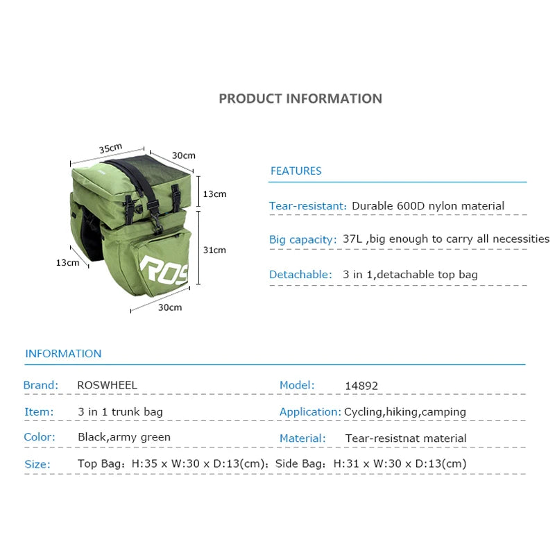 14892 14892SA SMountain Road Bicycle Bike 3 in 1 Trunk Bags Cycling Double Side Rear Rack Tail Seat Pannier Pack Luggage Carrier