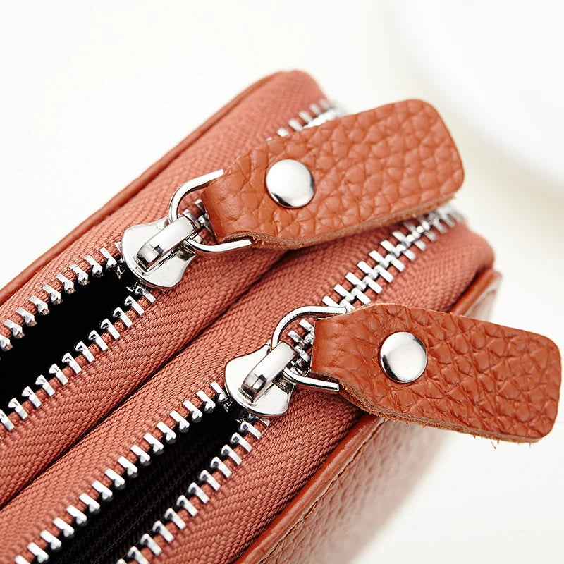 Genuine Leather Men &amp; Women Mini Short Wallet Cow Leather Coin Purse Solid Card Holder Accordion Card Slots Double Zipper Pocket