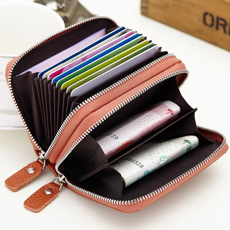 Genuine Leather Men &amp; Women Mini Short Wallet Cow Leather Coin Purse Solid Card Holder Accordion Card Slots Double Zipper Pocket