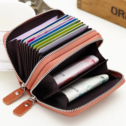 Genuine Leather Men &amp; Women Mini Short Wallet Cow Leather Coin Purse Solid Card Holder Accordion Card Slots Double Zipper Pocket