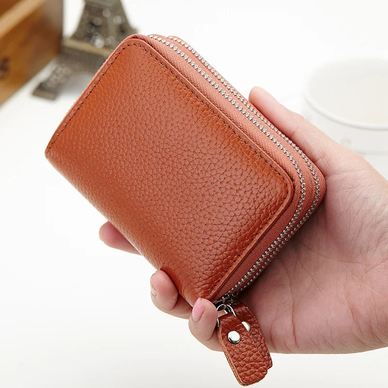 Genuine Leather Men &amp; Women Mini Short Wallet Cow Leather Coin Purse Solid Card Holder Accordion Card Slots Double Zipper Pocket
