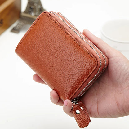 Genuine Leather Men &amp; Women Mini Short Wallet Cow Leather Coin Purse Solid Card Holder Accordion Card Slots Double Zipper Pocket