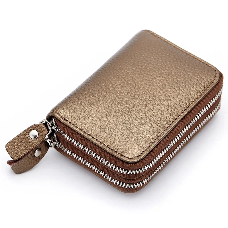 Genuine Leather Men &amp; Women Mini Short Wallet Cow Leather Coin Purse Solid Card Holder Accordion Card Slots Double Zipper Pocket
