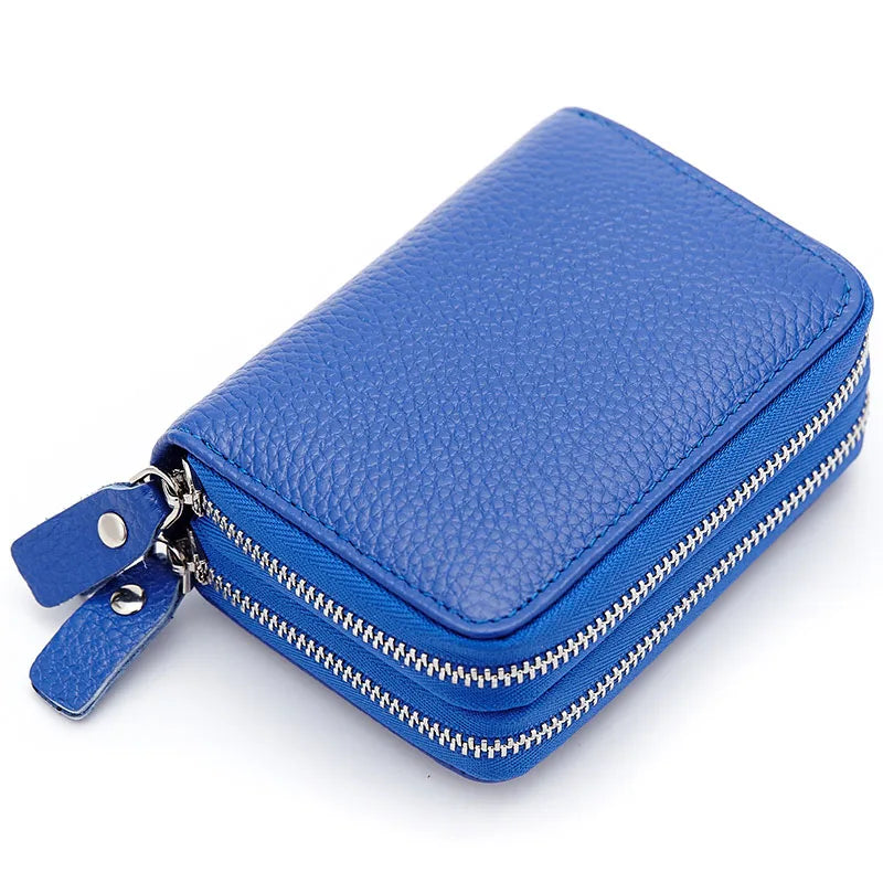 Genuine Leather Men &amp; Women Mini Short Wallet Cow Leather Coin Purse Solid Card Holder Accordion Card Slots Double Zipper Pocket