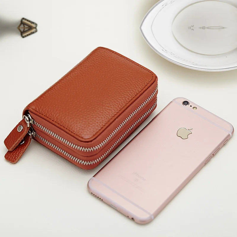 Genuine Leather Men &amp; Women Mini Short Wallet Cow Leather Coin Purse Solid Card Holder Accordion Card Slots Double Zipper Pocket