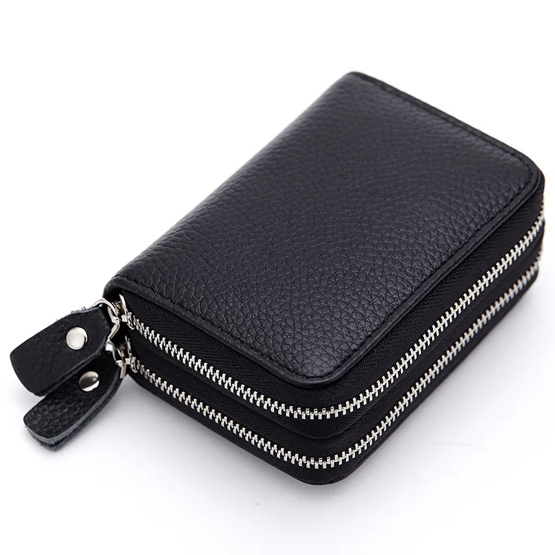 Genuine Leather Men &amp; Women Mini Short Wallet Cow Leather Coin Purse Solid Card Holder Accordion Card Slots Double Zipper Pocket
