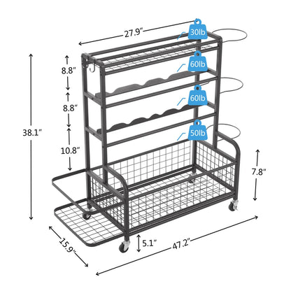 4-Tier Metal Storage Organizer Rolling Wheels for Basketball Sports Equipment Organizer for Yoga Mat Larger Ball Storage Rack