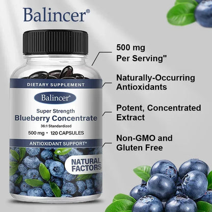 Blueberry Capsules - 500 Mg, Good for The Brain, Heart Health, Eye Care, Antioxidant, Promotes Smooth Skin- 120 Capsules