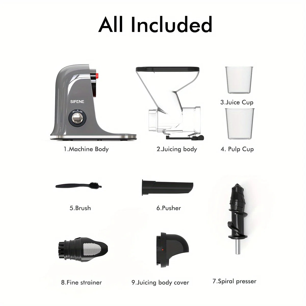 SiFENE Cold Press Juicer - Slow Masticating, High Yield for Fruits &amp; Veggies, Dual-Mouth, Anti-Clog, Easy Clean, BPA-Free, Gray