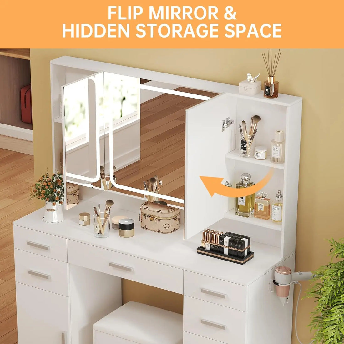 Vanity Desk with Mirror and Lights, Vanity Tables with 9 Drawers, Makeup Vanity with Tri-Folding 3 Colors Lighting, Customized
