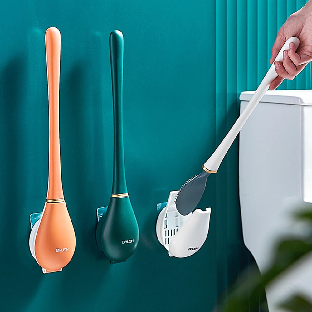 Soft Silicone Toilet Brushes with Hanging Holder Set, Wall-Mounted, Long Handled Cleaning Brush, Hygienic Bathroom Accessories