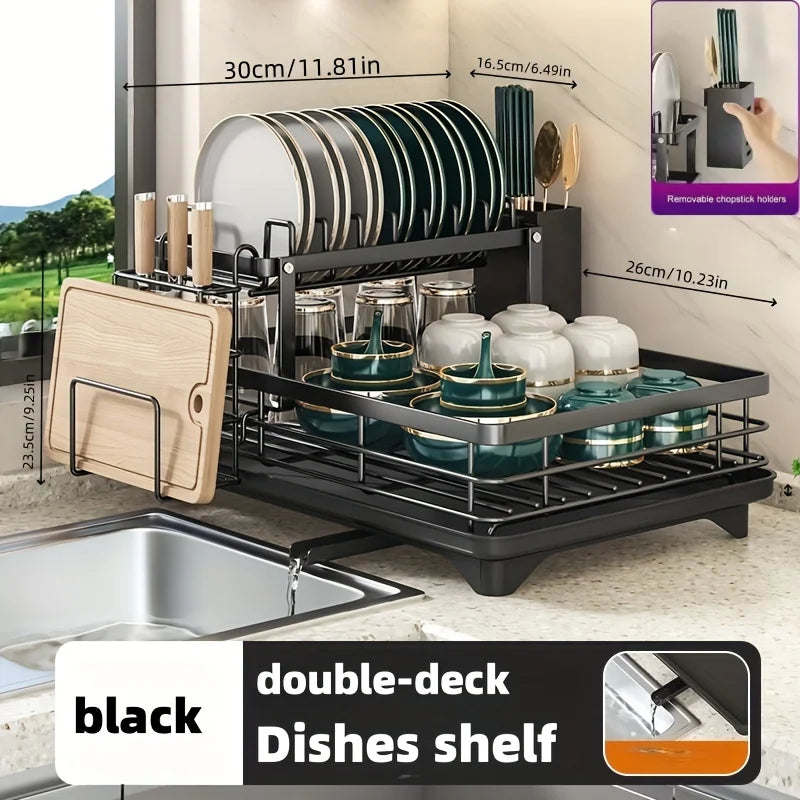 2-Layer Elevated Capacity Drain Rack with Water Tray Rust-Proof Dish Organizer for 4-6 Family Home Commercial Kitchens