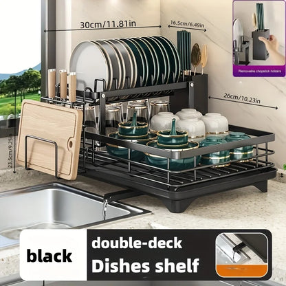 2-Layer Elevated Capacity Drain Rack with Water Tray Rust-Proof Dish Organizer for 4-6 Family Home Commercial Kitchens