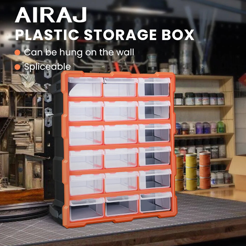 AIRAJ Multi-Drawer Storage Organizer - 18 Slots, Plastic Parts &amp; Crafts Cabinet for Desk or Wall Mount, Ideal for Hardware, Bead