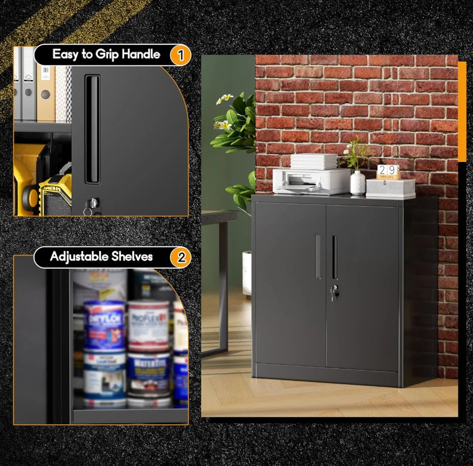 36" Metal Storage Cabinet with Wheels, Lockable Rolling Metal Garage Cabinets with 2 Doors and 4 Adjustable Shelves, Rolling To