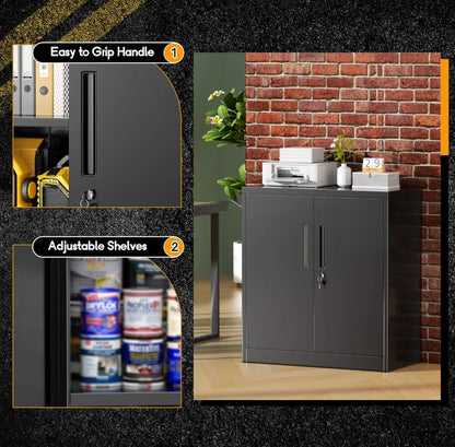 36" Metal Storage Cabinet with Wheels, Lockable Rolling Metal Garage Cabinets with 2 Doors and 4 Adjustable Shelves, Rolling To