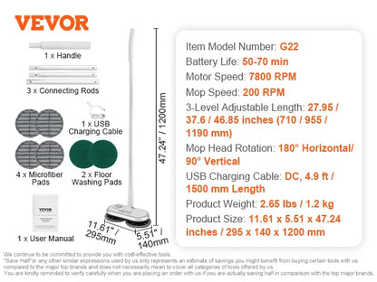 VEVOR Cordless Electric Mop Up to 40/70 mins Battery Electric Spin Mop with Dual Mop Heads for Hardwood/Tile Floor Cleaning