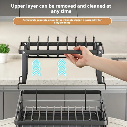 2-Layer Elevated Capacity Drain Rack with Water Tray Rust-Proof Dish Organizer for 4-6 Family Home Commercial Kitchens