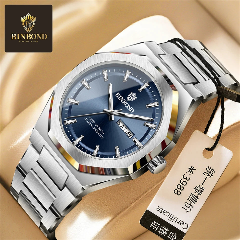 BINBOND Luxury Quartz Man Wristwatch Sport Men Watches Waterproof Luminous Date Week Stainless Steel Men&