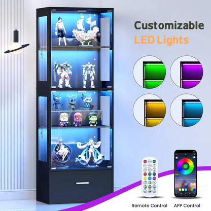 Display Cabinet with Glass Doors - 67" Curio Cabinet with RGB LED Lights and Drawer for Collectibles, 4 Tier Glass, Customized