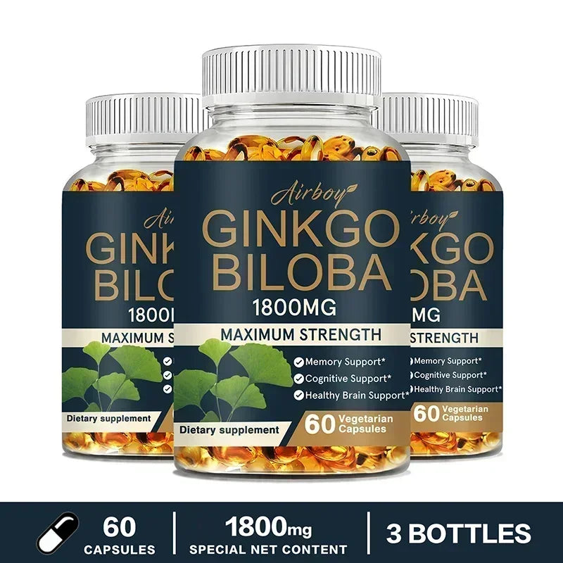 Ginkgo Biloba Capsules - Brain Health Supplement That Helps Blood Circulation, Metabolism and Energy Levels