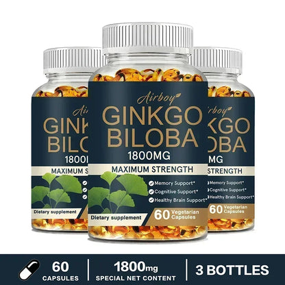 Ginkgo Biloba Capsules - Brain Health Supplement That Helps Blood Circulation, Metabolism and Energy Levels